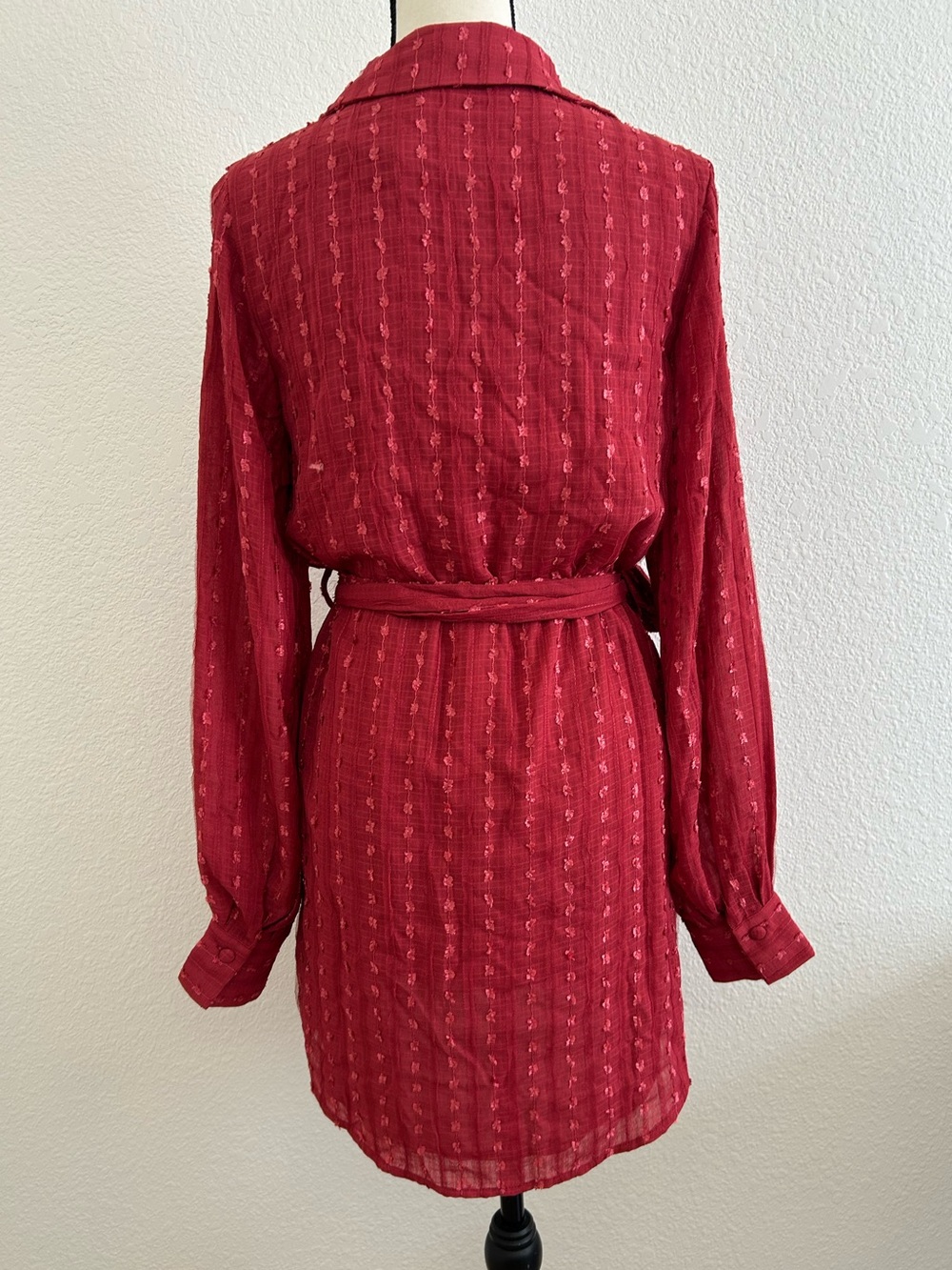 NEW SKYLAR ROSE Size S Cardinals Red Long Sleeve Button Down Short Dress BELTED - Picture 5 of 10
